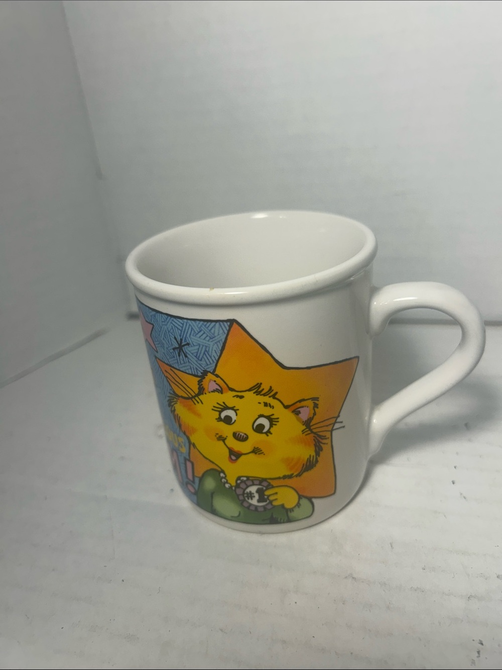 Hallmark White Mug with Yellow Cartoon Cat and Colorful Accents